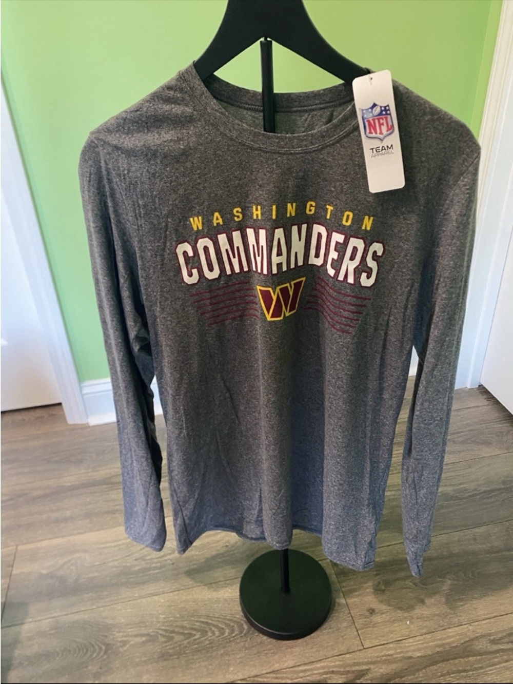 NFL Washington Commanders Gray Long Sleeve T-Shirt with Burgundy and Gold Logo